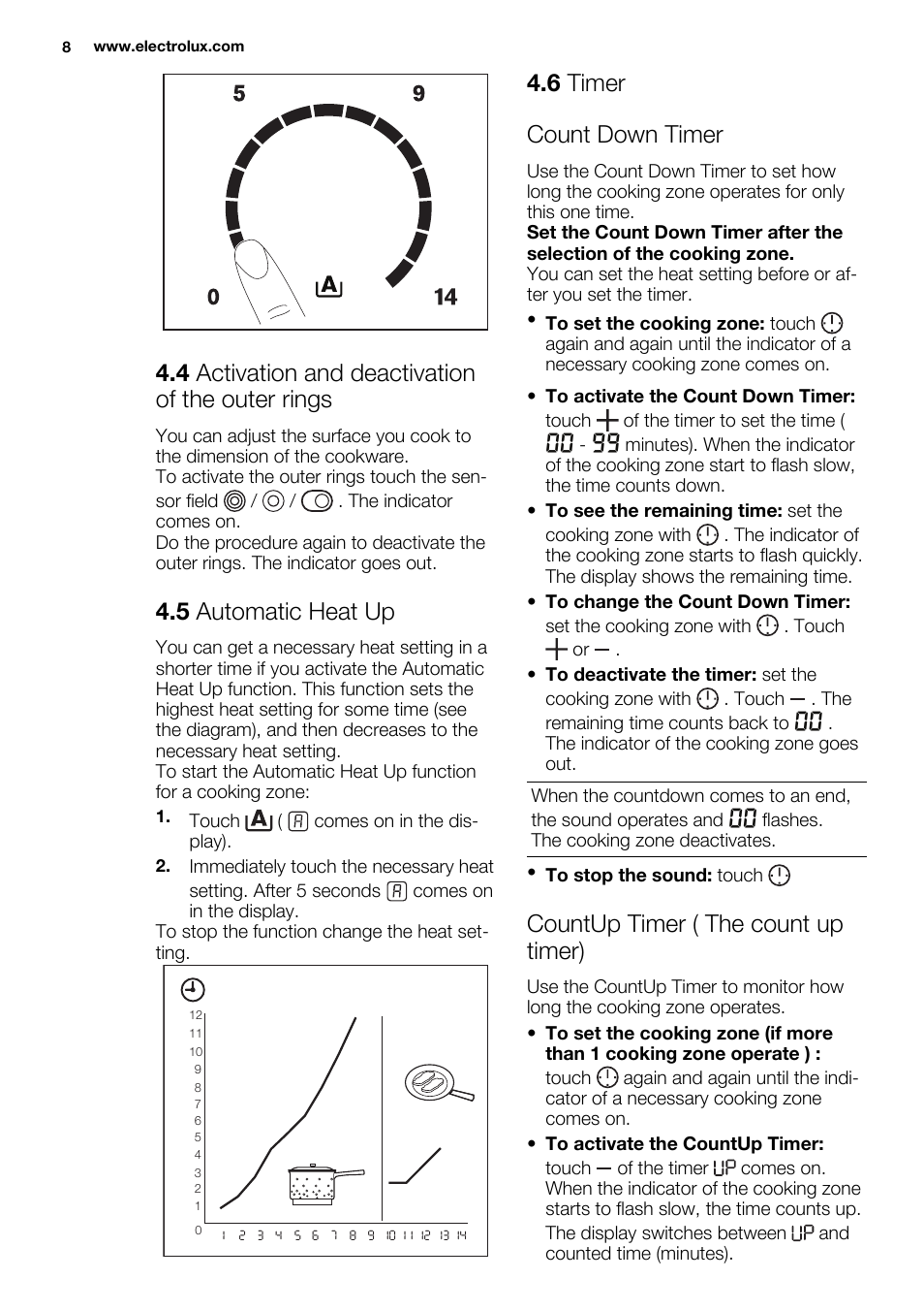 4 activation and deactivation of the outer rings, 5 automatic heat up, 6 timer count down timer | Countup timer ( the count up timer) | Electrolux EHF6747FOK User Manual | Page 8 / 76