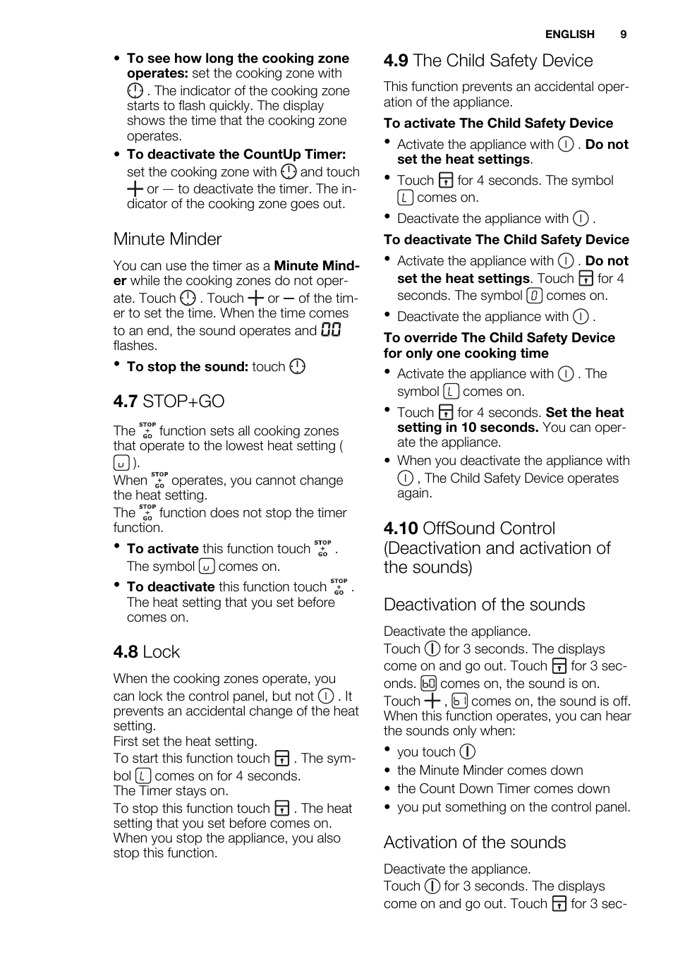 Minute minder, 7 stop+go, 8 lock | 9 the child safety device, Activation of the sounds | Electrolux EHF6747FOK User Manual | Page 9 / 76