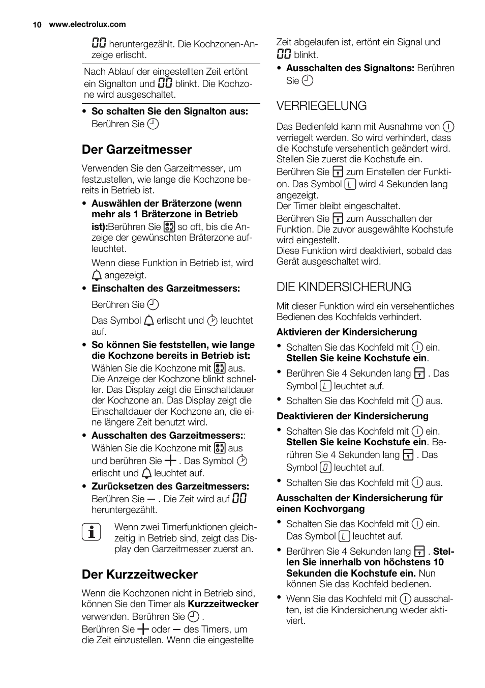 Der garzeitmesser, Der kurzzeitwecker, Verriegelung | Die kindersicherung | Electrolux EQT4520BOG User Manual | Page 10 / 80