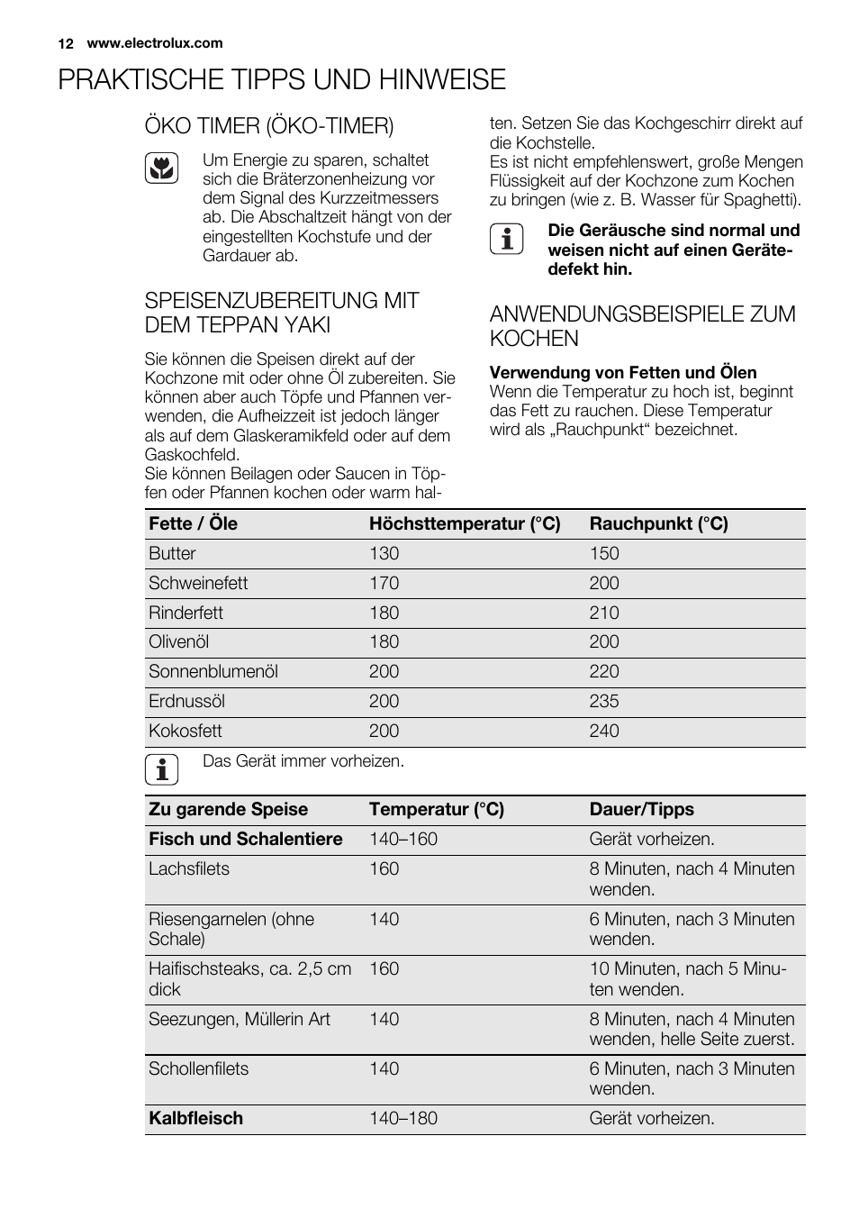 Praktische tipps und hinweise, Öko timer (öko-timer), Speisenzubereitung mit dem teppan yaki | Anwendungsbeispiele zum kochen | Electrolux EQT4520BOG User Manual | Page 12 / 80