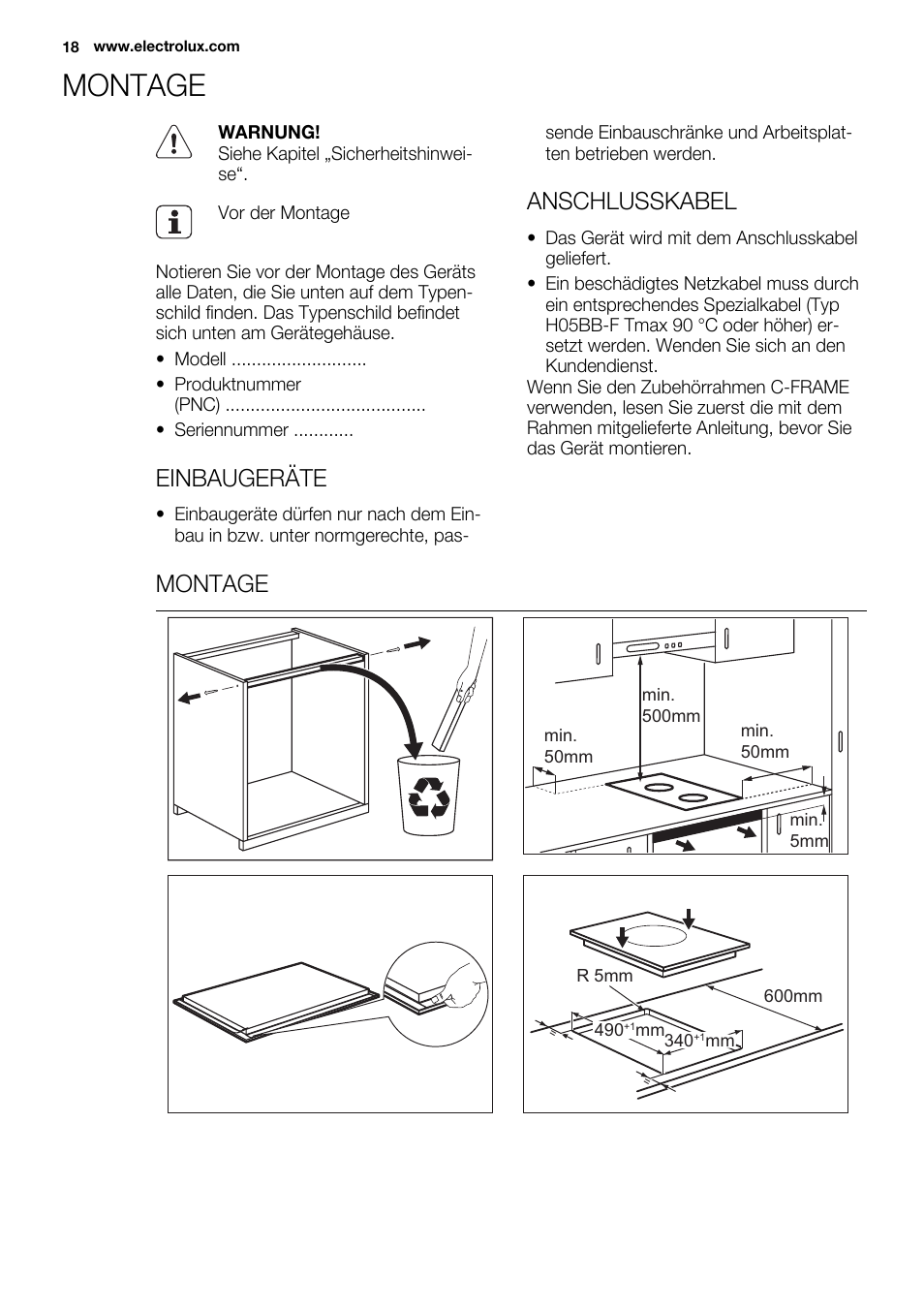 Montage, Einbaugeräte, Anschlusskabel | Electrolux EQT4520BOG User Manual | Page 18 / 80