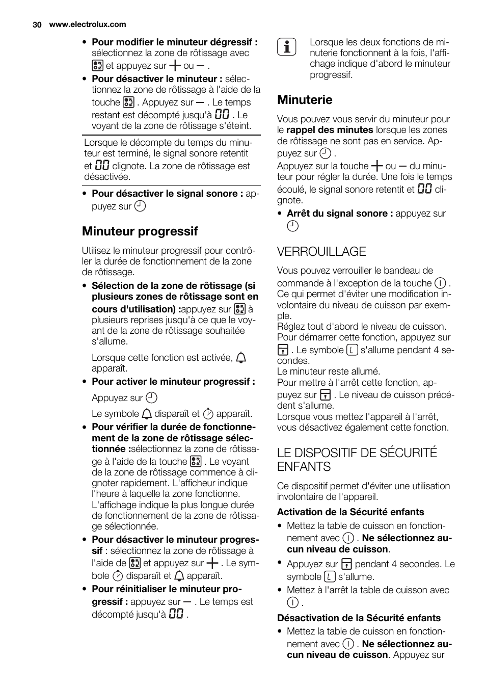Minuteur progressif, Minuterie, Verrouillage | Le dispositif de sécurité enfants | Electrolux EQT4520BOG User Manual | Page 30 / 80