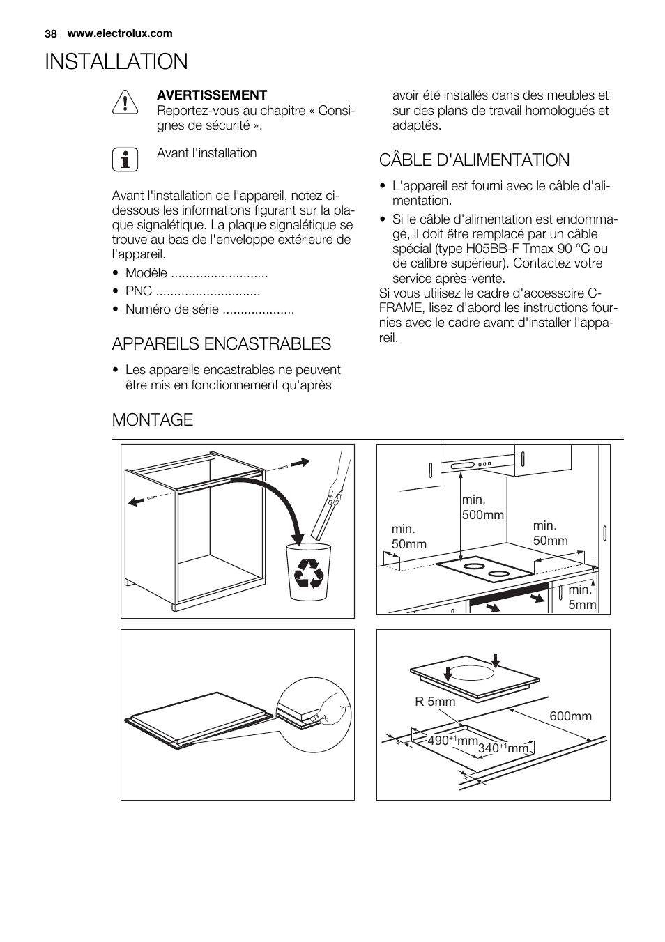 Installation, Appareils encastrables, Câble d'alimentation | Montage | Electrolux EQT4520BOG User Manual | Page 38 / 80