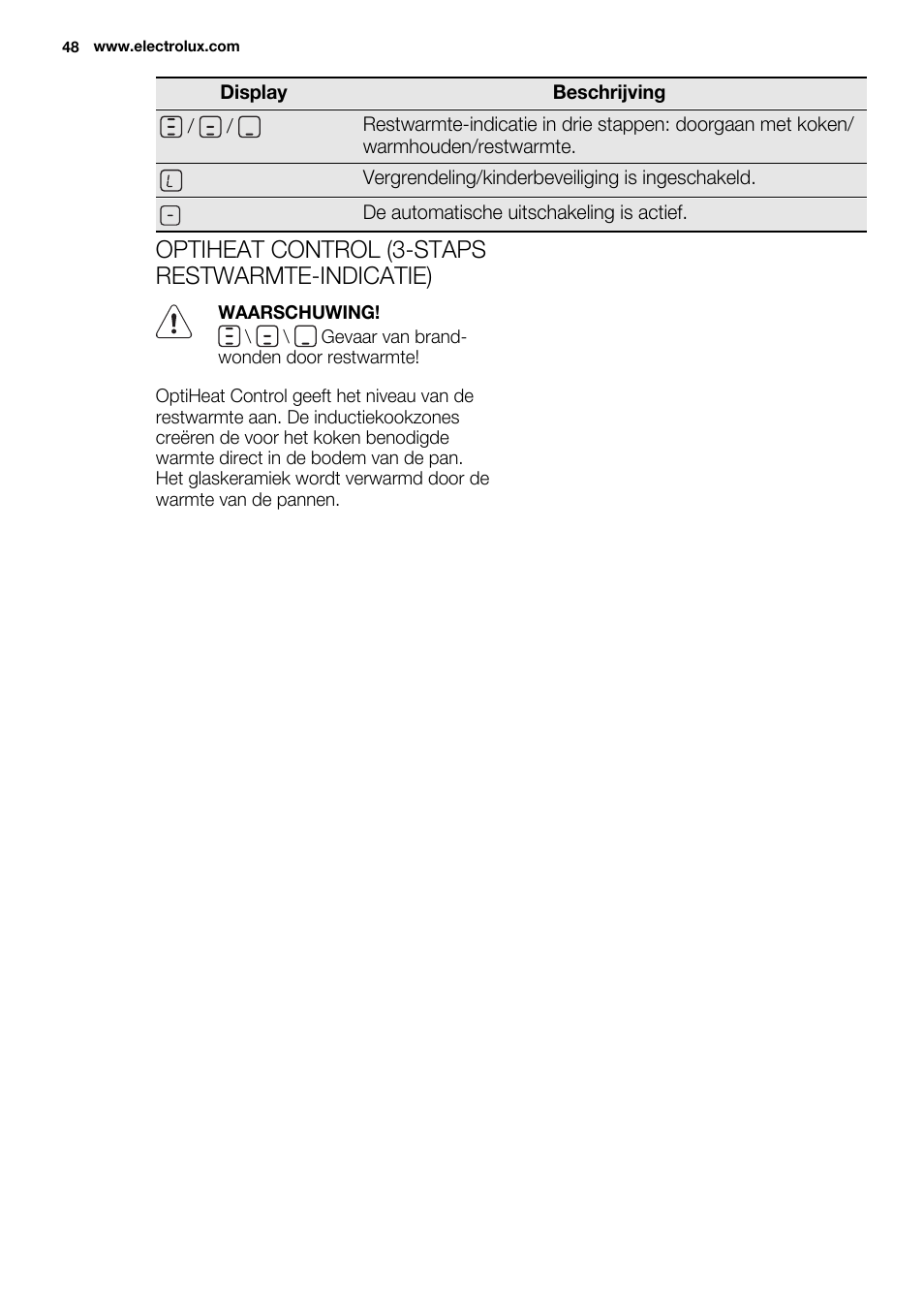 Optiheat control (3-staps restwarmte-indicatie) | Electrolux EQT4520BOG User Manual | Page 48 / 80