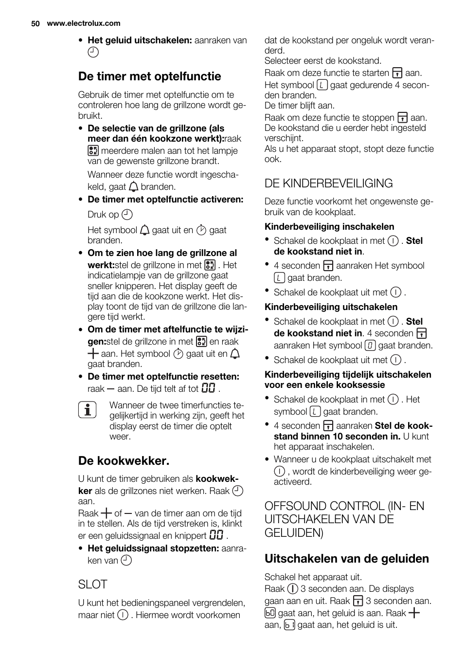 De timer met optelfunctie, De kookwekker, Slot | De kinderbeveiliging | Electrolux EQT4520BOG User Manual | Page 50 / 80