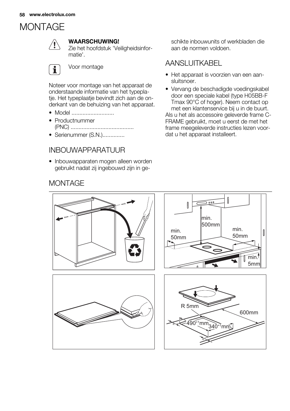 Montage, Inbouwapparatuur, Aansluitkabel | Electrolux EQT4520BOG User Manual | Page 58 / 80