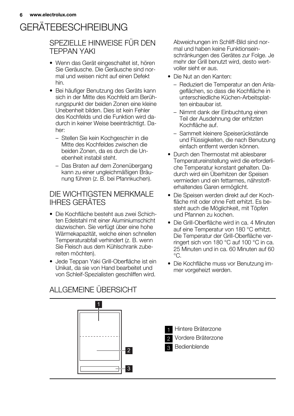 Gerätebeschreibung, Spezielle hinweise für den teppan yaki, Die wichtigsten merkmale ihres gerätes | Allgemeine übersicht | Electrolux EQT4520BOG User Manual | Page 6 / 80