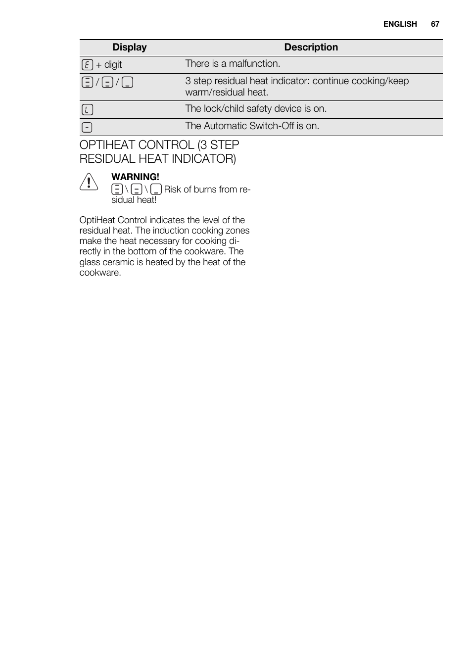 Optiheat control (3 step residual heat indicator) | Electrolux EQT4520BOG User Manual | Page 67 / 80