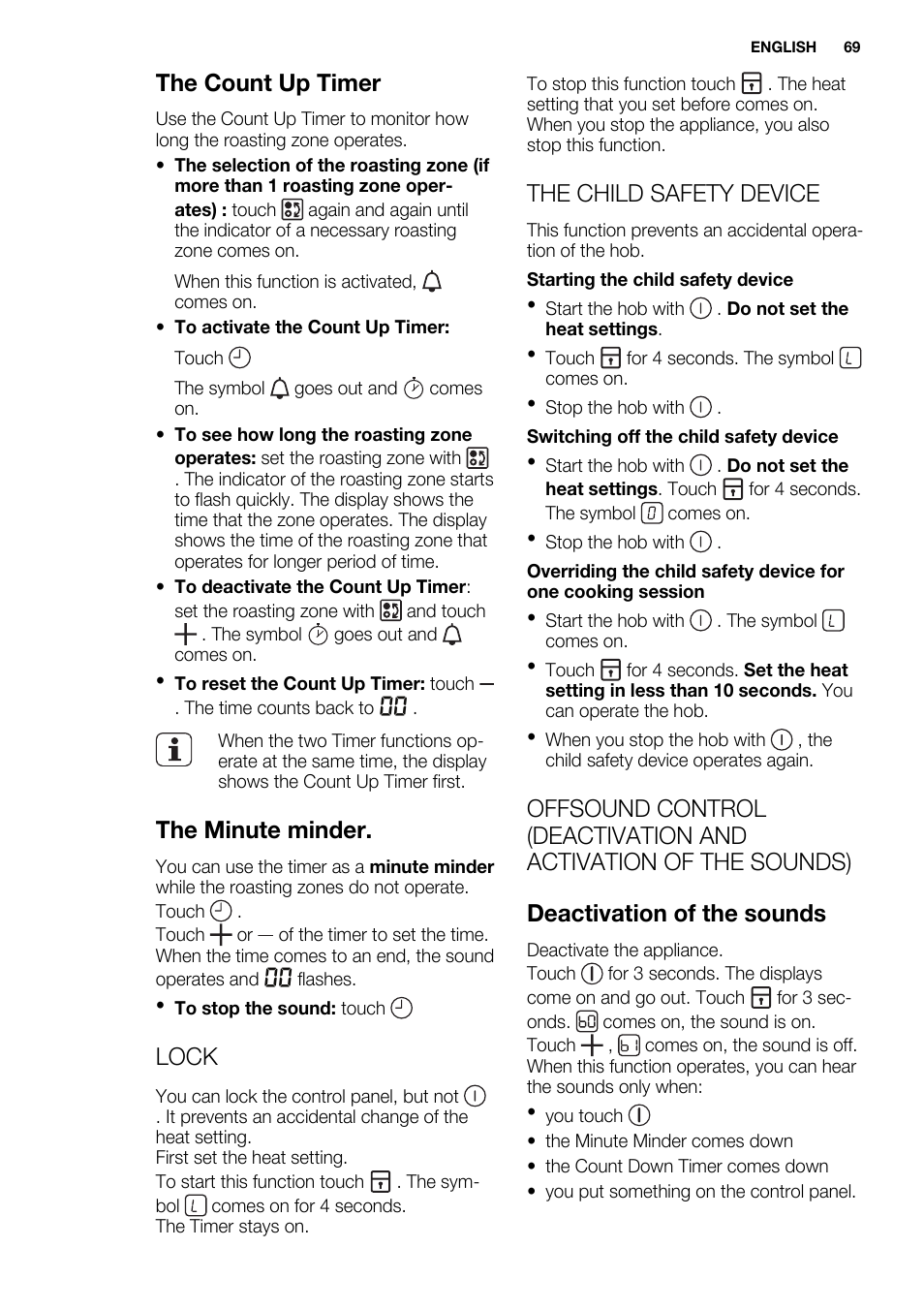The count up timer, The minute minder, Lock | The child safety device | Electrolux EQT4520BOG User Manual | Page 69 / 80