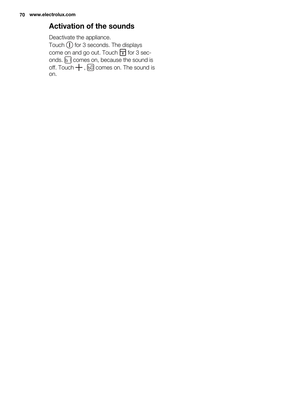 Activation of the sounds | Electrolux EQT4520BOG User Manual | Page 70 / 80