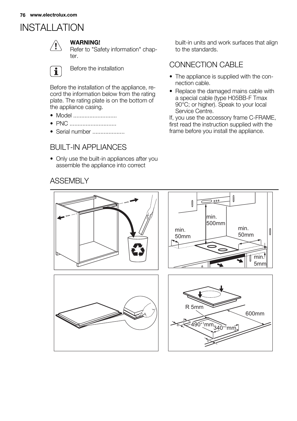 Installation, Built-in appliances, Connection cable | Assembly | Electrolux EQT4520BOG User Manual | Page 76 / 80