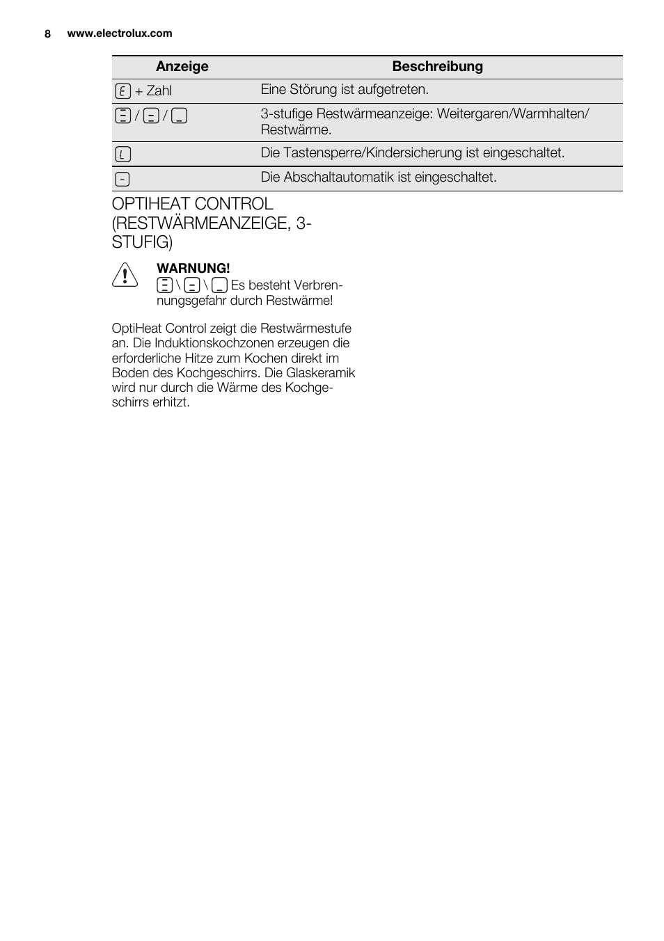 Optiheat control (restwärmeanzeige, 3- stufig) | Electrolux EQT4520BOG User Manual | Page 8 / 80