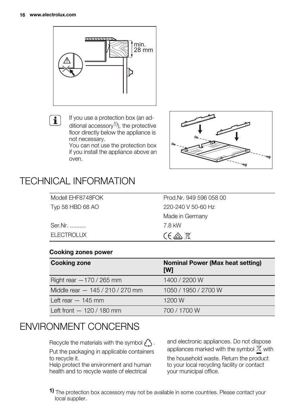 Technical information, Environment concerns | Electrolux EHF8748FOK User Manual | Page 16 / 64