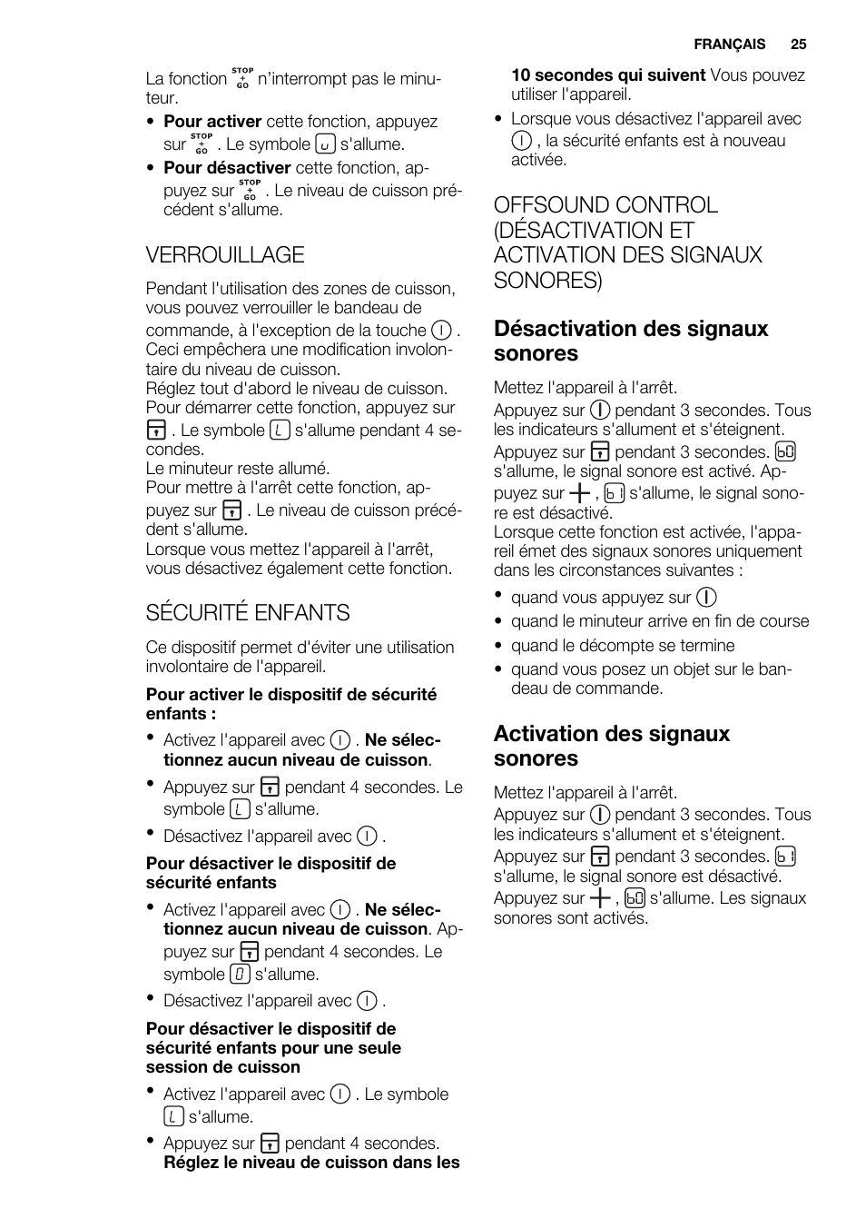 Verrouillage, Sécurité enfants, Activation des signaux sonores | Electrolux EHF8748FOK User Manual | Page 25 / 64