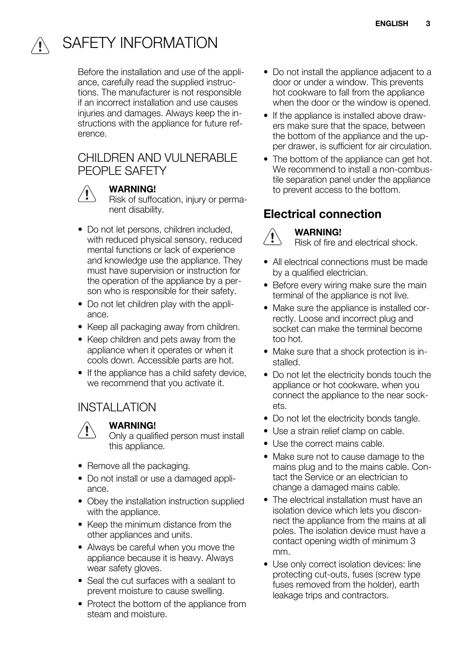 Safety information, Children and vulnerable people safety, Installation | Electrical connection | Electrolux EHF8748FOK User Manual | Page 3 / 64