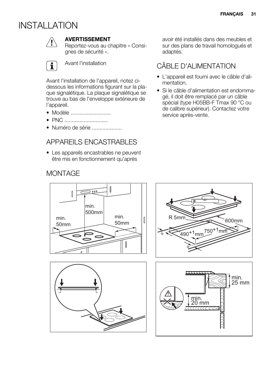 Installation, Appareils encastrables, Câble d'alimentation | Montage | Electrolux EHF8748FOK User Manual | Page 31 / 64