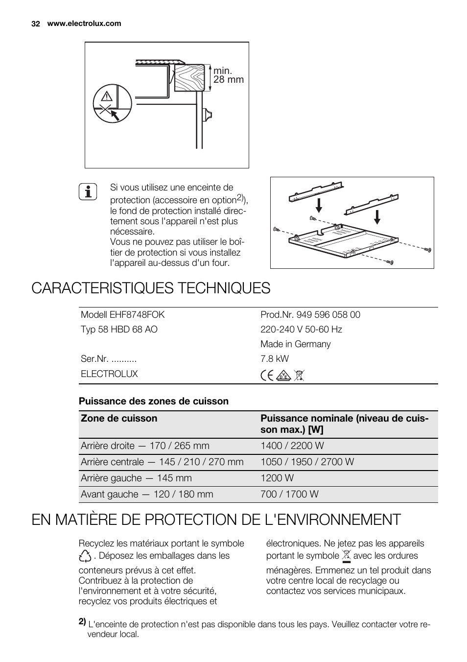Caracteristiques techniques, En matière de protection de l'environnement | Electrolux EHF8748FOK User Manual | Page 32 / 64