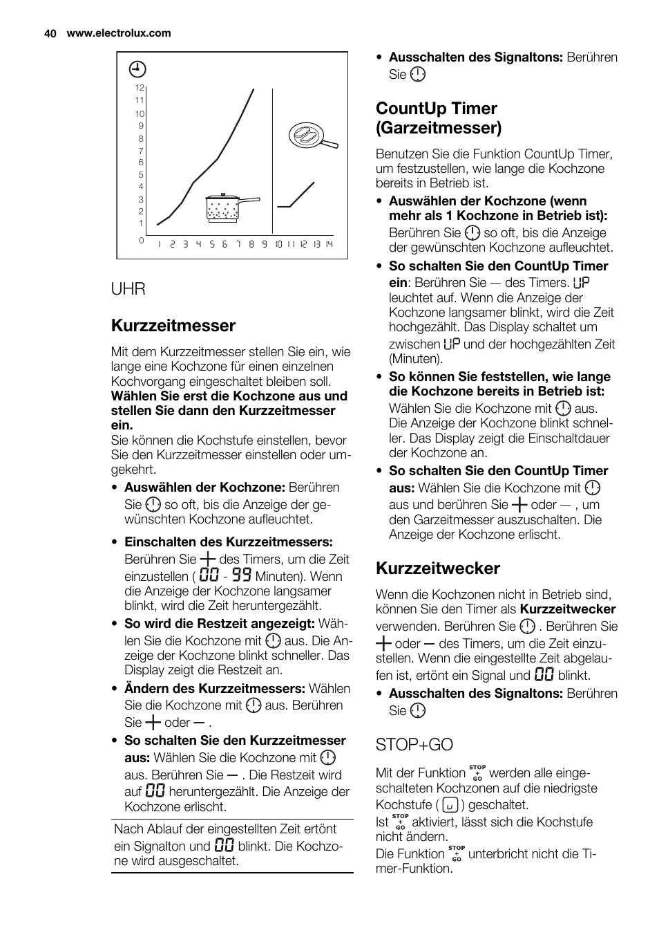 Uhr kurzzeitmesser, Countup timer (garzeitmesser), Kurzzeitwecker | Stop+go | Electrolux EHF8748FOK User Manual | Page 40 / 64