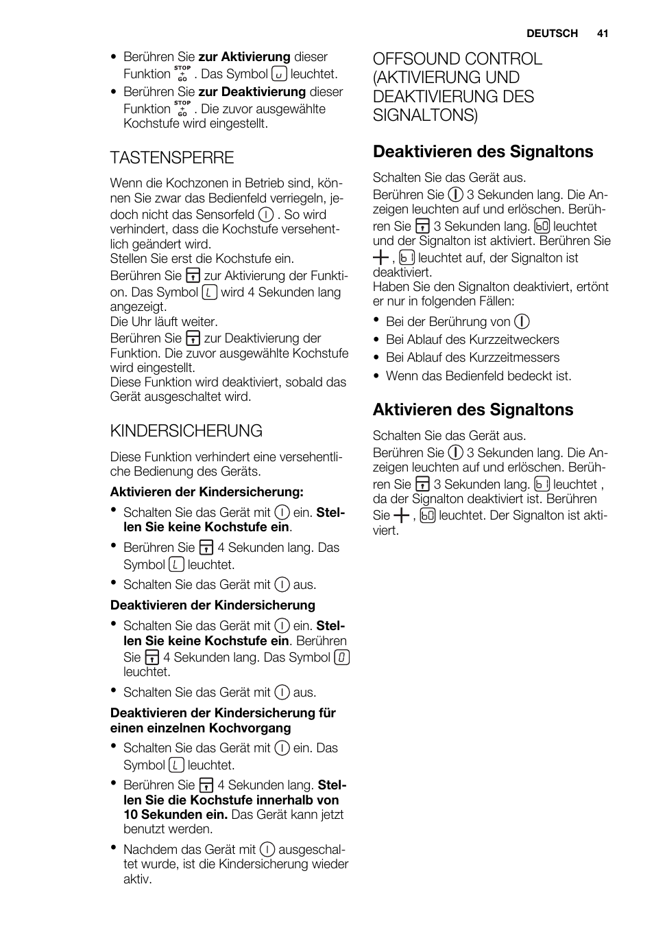 Tastensperre, Kindersicherung, Aktivieren des signaltons | Electrolux EHF8748FOK User Manual | Page 41 / 64