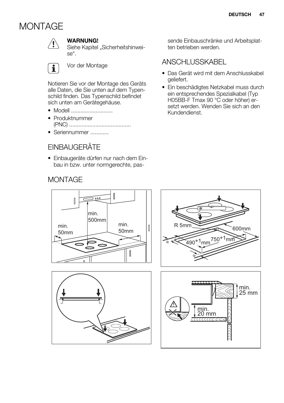 Montage, Einbaugeräte, Anschlusskabel | Electrolux EHF8748FOK User Manual | Page 47 / 64