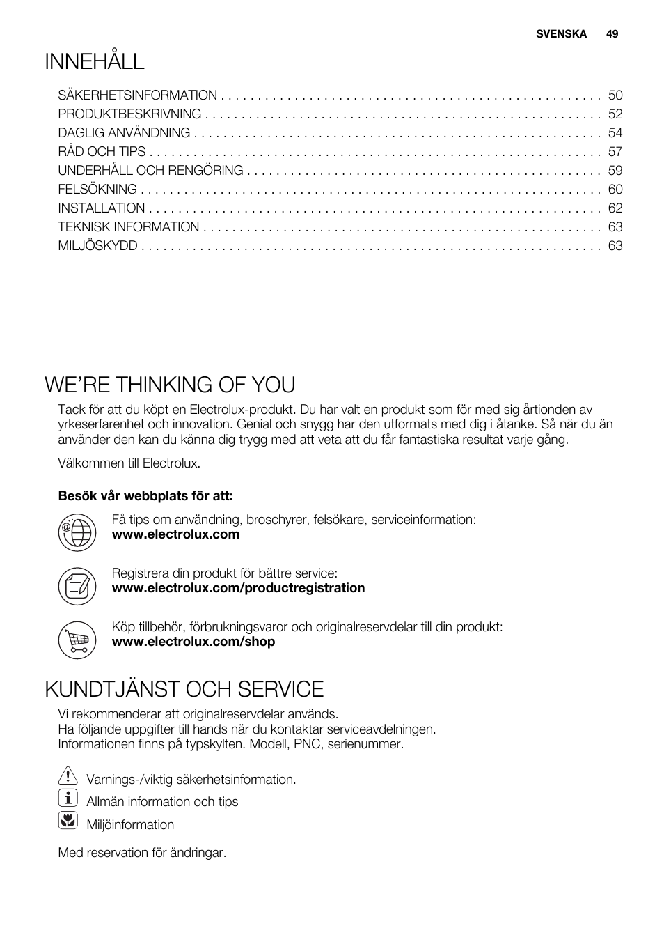 Innehåll, We’re thinking of you, Kundtjänst och service | Electrolux EHF8748FOK User Manual | Page 49 / 64