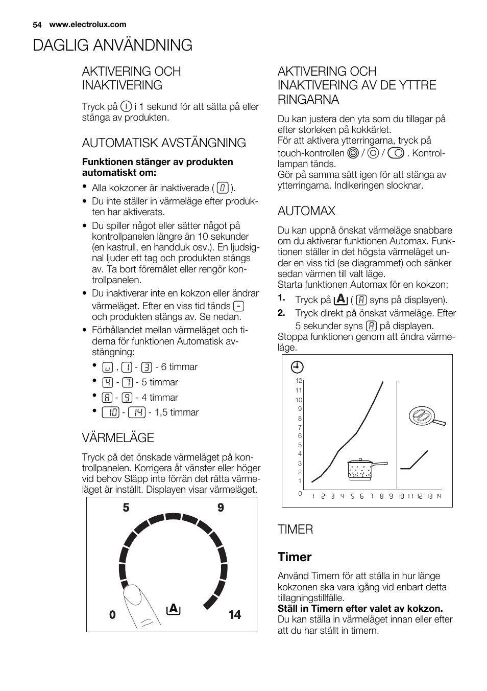 Daglig användning, Aktivering och inaktivering, Automatisk avstängning | Värmeläge, Aktivering och inaktivering av de yttre ringarna, Automax, Timer timer | Electrolux EHF8748FOK User Manual | Page 54 / 64