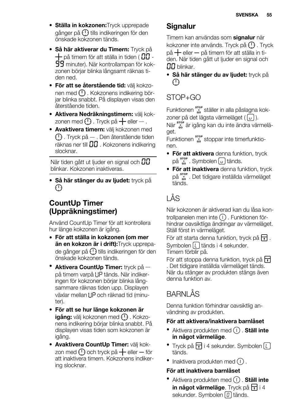 Countup timer (uppräkningstimer), Signalur, Stop+go | Barnlås | Electrolux EHF8748FOK User Manual | Page 55 / 64