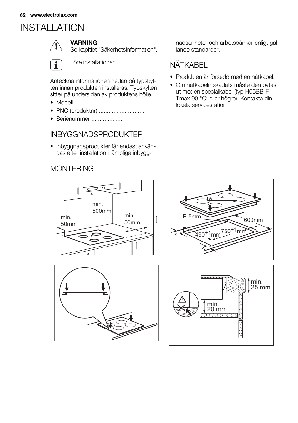 Installation, Inbyggnadsprodukter, Nätkabel | Montering | Electrolux EHF8748FOK User Manual | Page 62 / 64