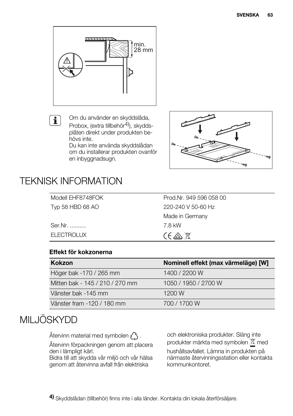 Teknisk information, Miljöskydd | Electrolux EHF8748FOK User Manual | Page 63 / 64