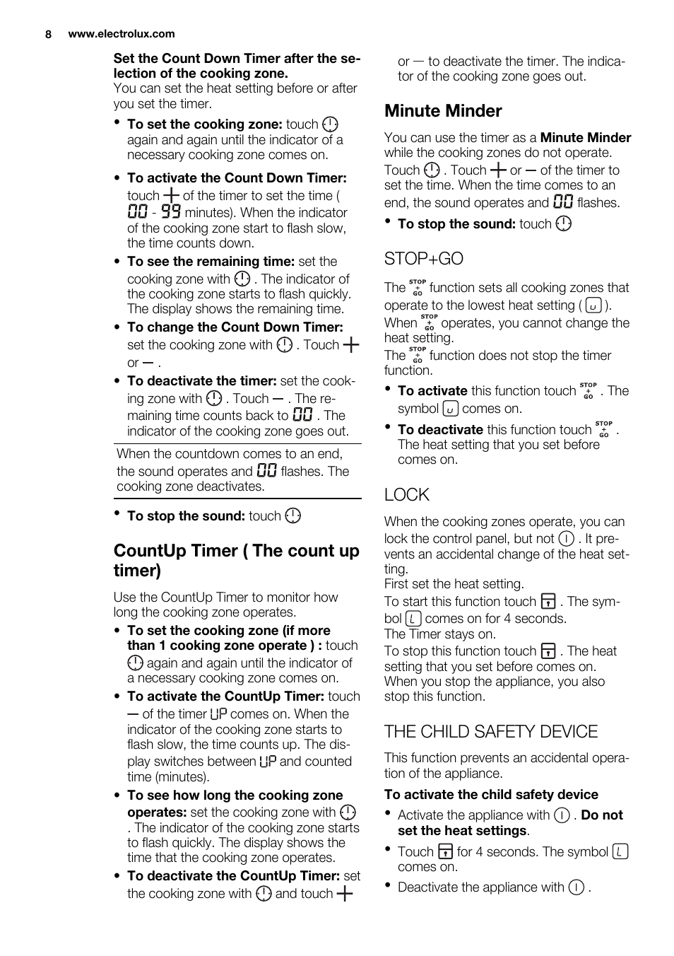Countup timer ( the count up timer), Minute minder, Stop+go | Lock, The child safety device | Electrolux EHF8748FOK User Manual | Page 8 / 64