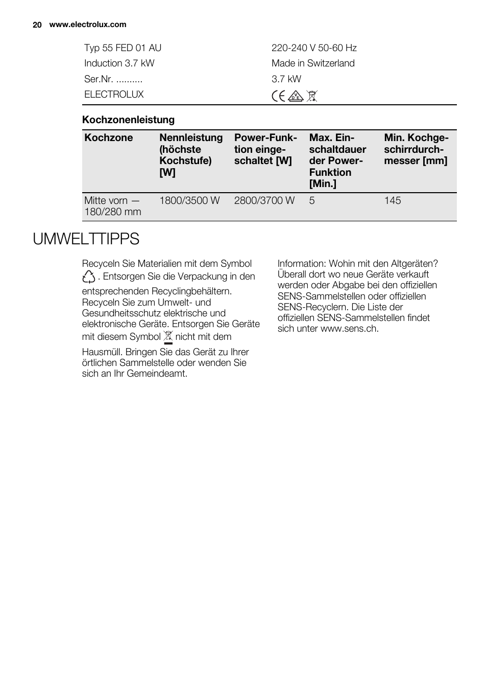 Umwelttipps | Electrolux EQH4512BOG User Manual | Page 20 / 80