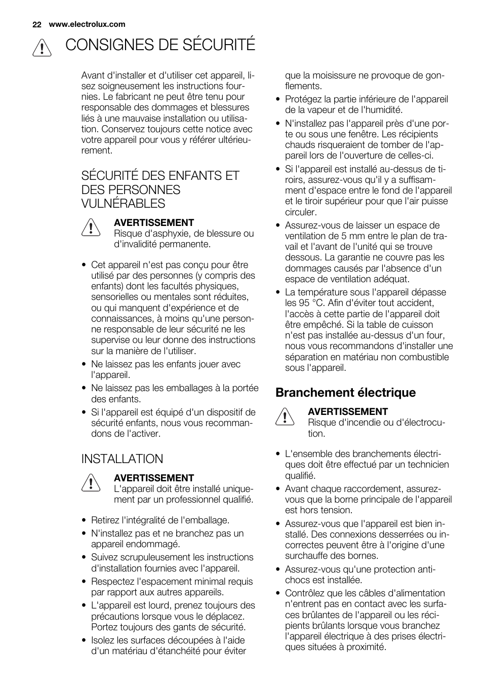 Consignes de sécurité, Sécurité des enfants et des personnes vulnérables, Installation | Branchement électrique | Electrolux EQH4512BOG User Manual | Page 22 / 80