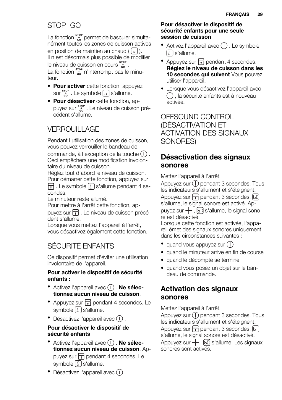 Stop+go, Verrouillage, Sécurité enfants | Activation des signaux sonores | Electrolux EQH4512BOG User Manual | Page 29 / 80