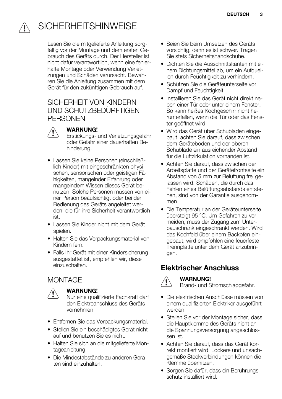 Sicherheitshinweise, Montage, Elektrischer anschluss | Electrolux EQH4512BOG User Manual | Page 3 / 80