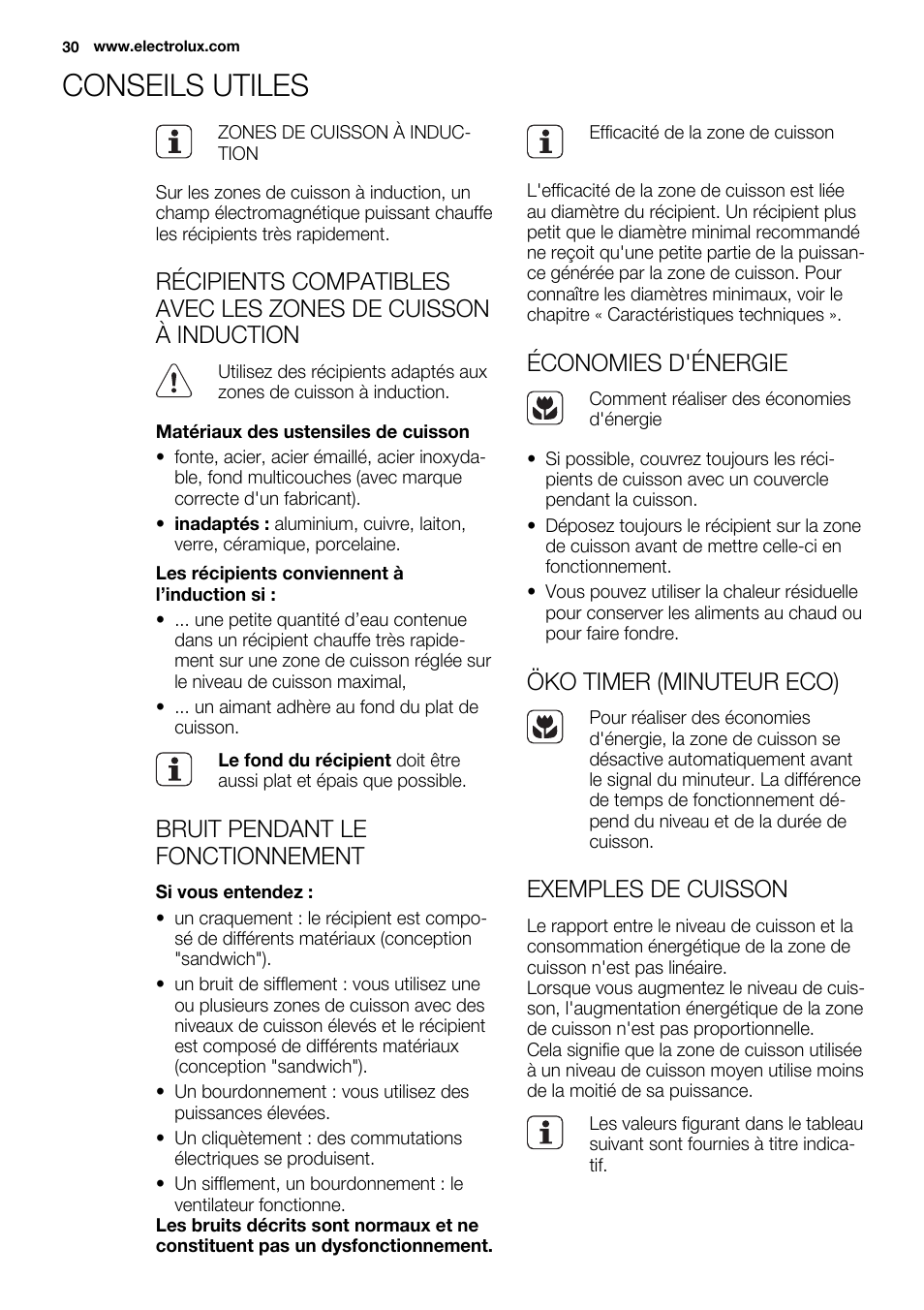 Conseils utiles, Bruit pendant le fonctionnement, Économies d'énergie | Öko timer (minuteur eco), Exemples de cuisson | Electrolux EQH4512BOG User Manual | Page 30 / 80