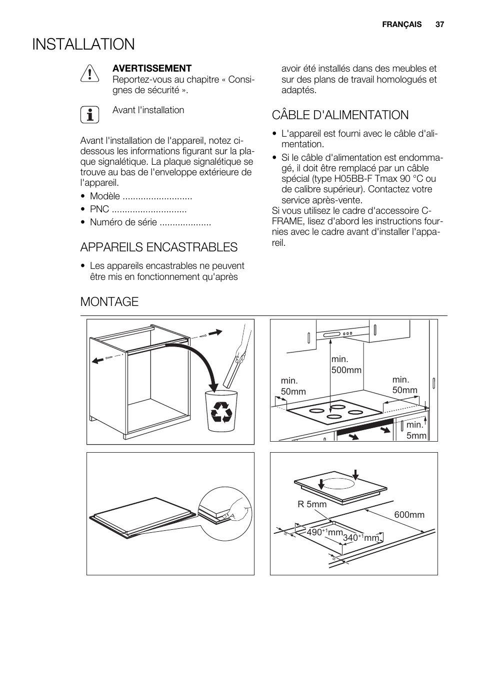 Installation, Appareils encastrables, Câble d'alimentation | Montage | Electrolux EQH4512BOG User Manual | Page 37 / 80