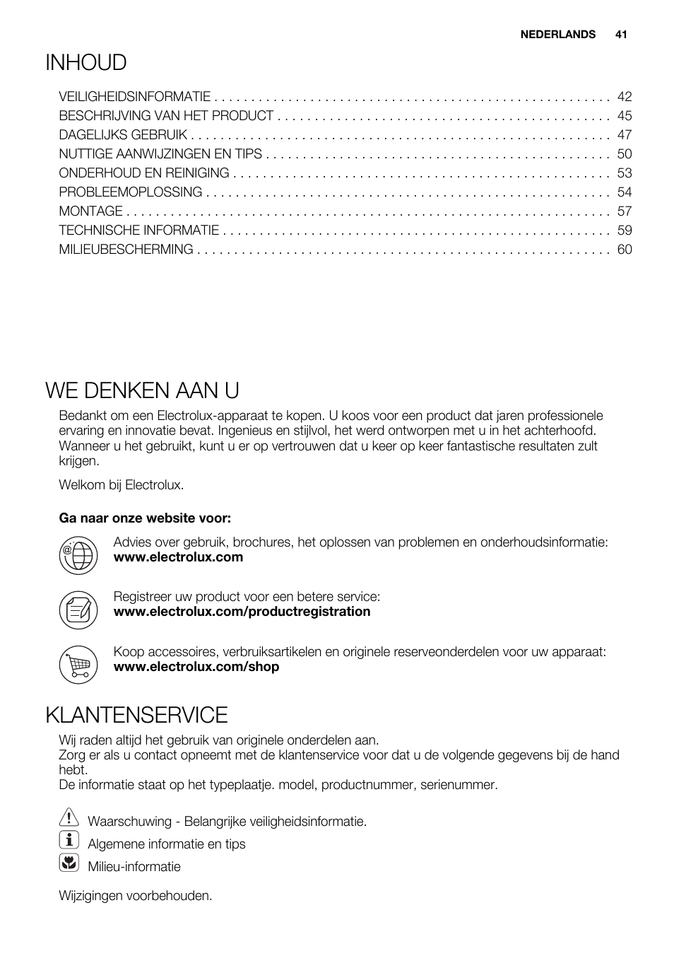 Inhoud, We denken aan u, Klantenservice | Electrolux EQH4512BOG User Manual | Page 41 / 80