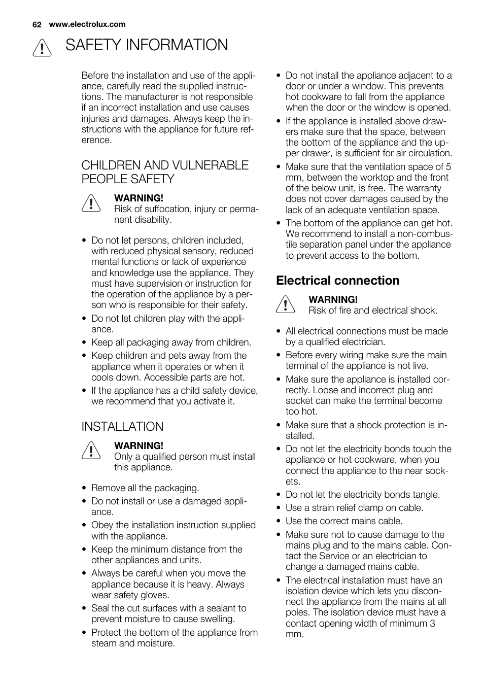 Safety information, Children and vulnerable people safety, Installation | Electrical connection | Electrolux EQH4512BOG User Manual | Page 62 / 80