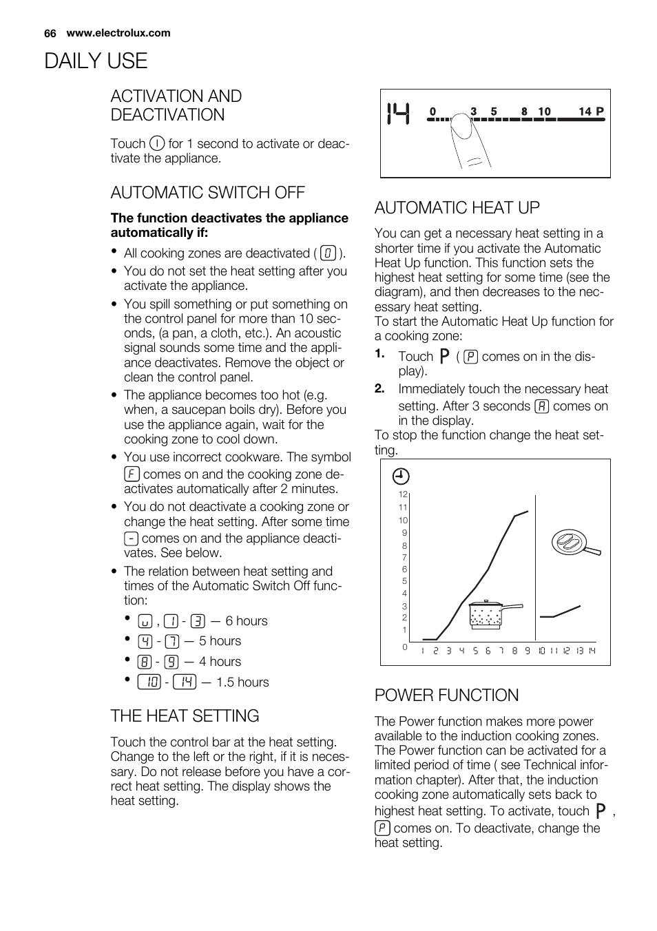 Daily use, Activation and deactivation, Automatic switch off | The heat setting, Automatic heat up, Power function | Electrolux EQH4512BOG User Manual | Page 66 / 80