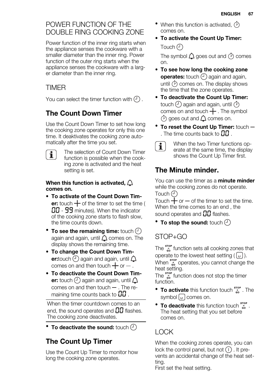 Power function of the double ring cooking zone, Timer, The count down timer | The count up timer, The minute minder, Stop+go, Lock | Electrolux EQH4512BOG User Manual | Page 67 / 80