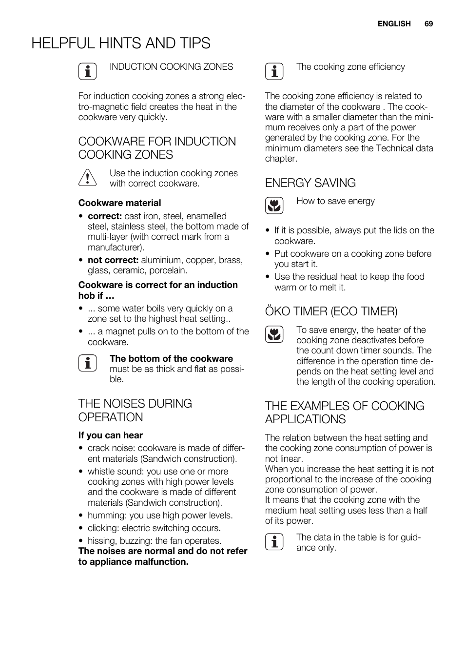 Helpful hints and tips, Cookware for induction cooking zones, The noises during operation | Energy saving, Öko timer (eco timer), The examples of cooking applications | Electrolux EQH4512BOG User Manual | Page 69 / 80