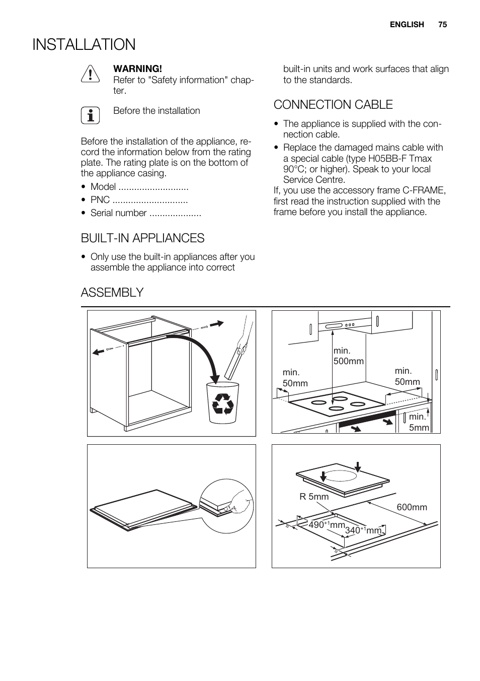 Installation, Built-in appliances, Connection cable | Assembly | Electrolux EQH4512BOG User Manual | Page 75 / 80