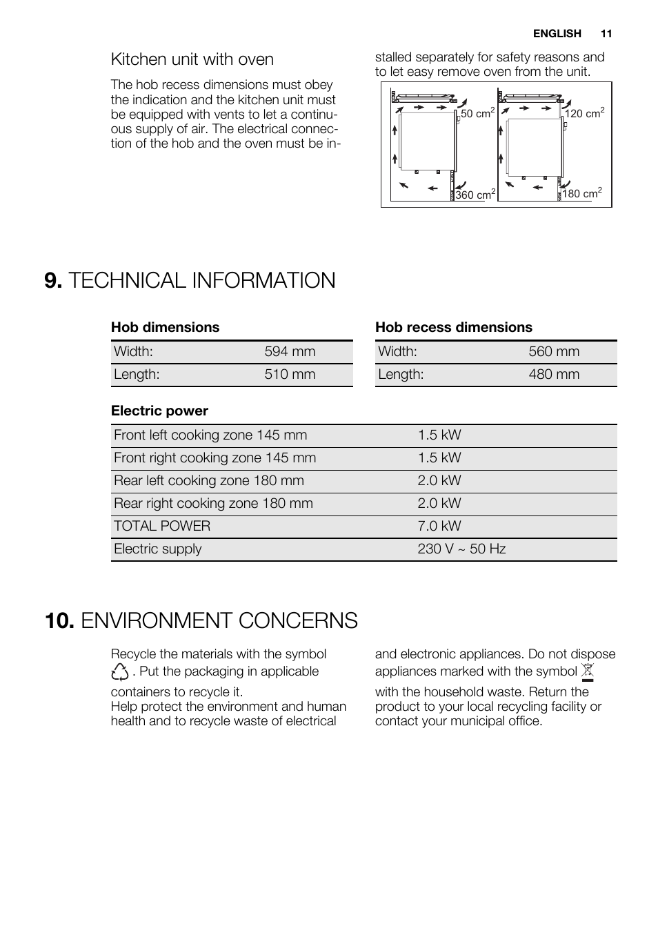 Technical information, Environment concerns, Kitchen unit with oven | Electrolux EHS6940HOX User Manual | Page 11 / 48