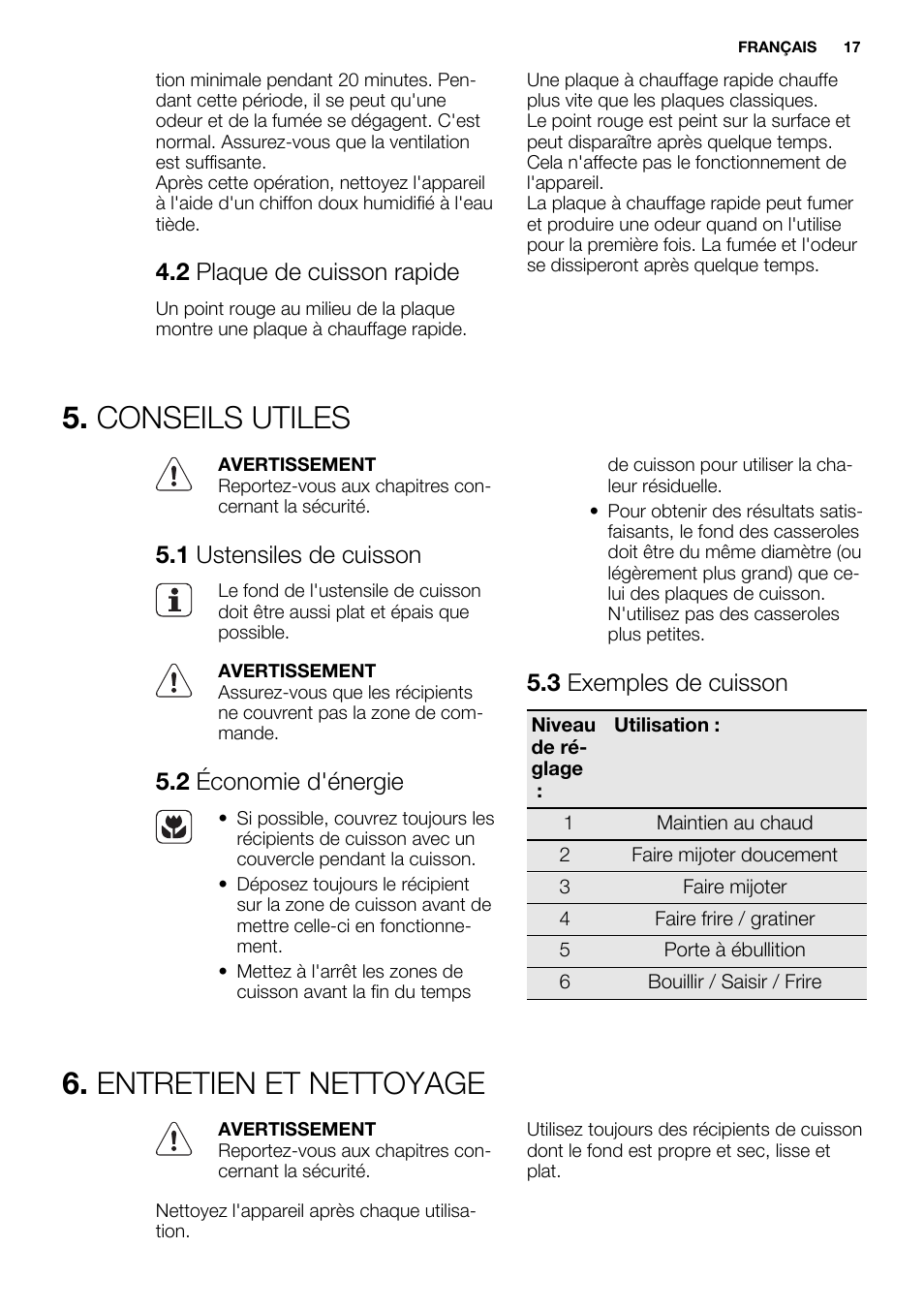 Conseils utiles, Entretien et nettoyage, 2 plaque de cuisson rapide | 1 ustensiles de cuisson, 2 économie d'énergie, 3 exemples de cuisson | Electrolux EHS6940HOX User Manual | Page 17 / 48