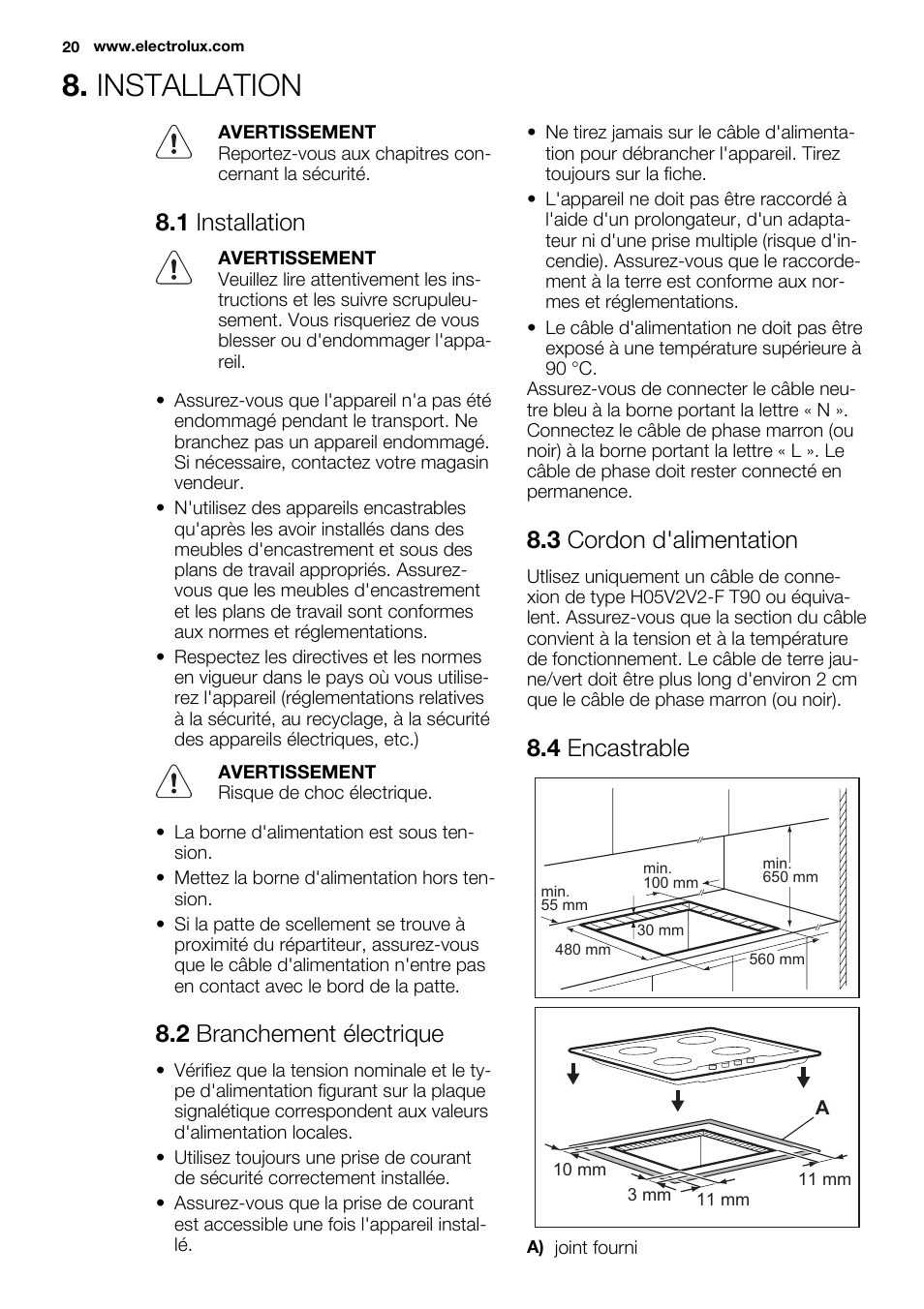 Installation, 1 installation, 2 branchement électrique | 3 cordon d'alimentation, 4 encastrable | Electrolux EHS6940HOX User Manual | Page 20 / 48