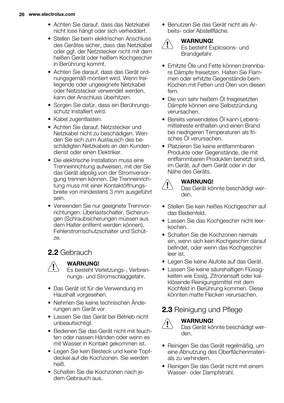 2 gebrauch, 3 reinigung und pflege | Electrolux EHS6940HOX User Manual | Page 26 / 48