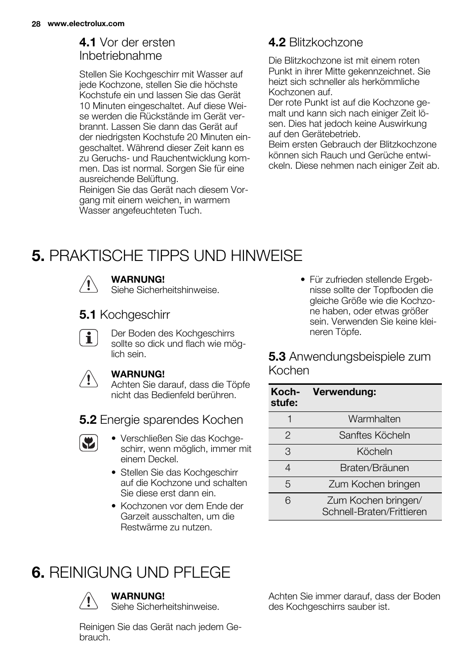 Praktische tipps und hinweise, Reinigung und pflege, 1 vor der ersten inbetriebnahme | 2 blitzkochzone, 1 kochgeschirr, 2 energie sparendes kochen, 3 anwendungsbeispiele zum kochen | Electrolux EHS6940HOX User Manual | Page 28 / 48