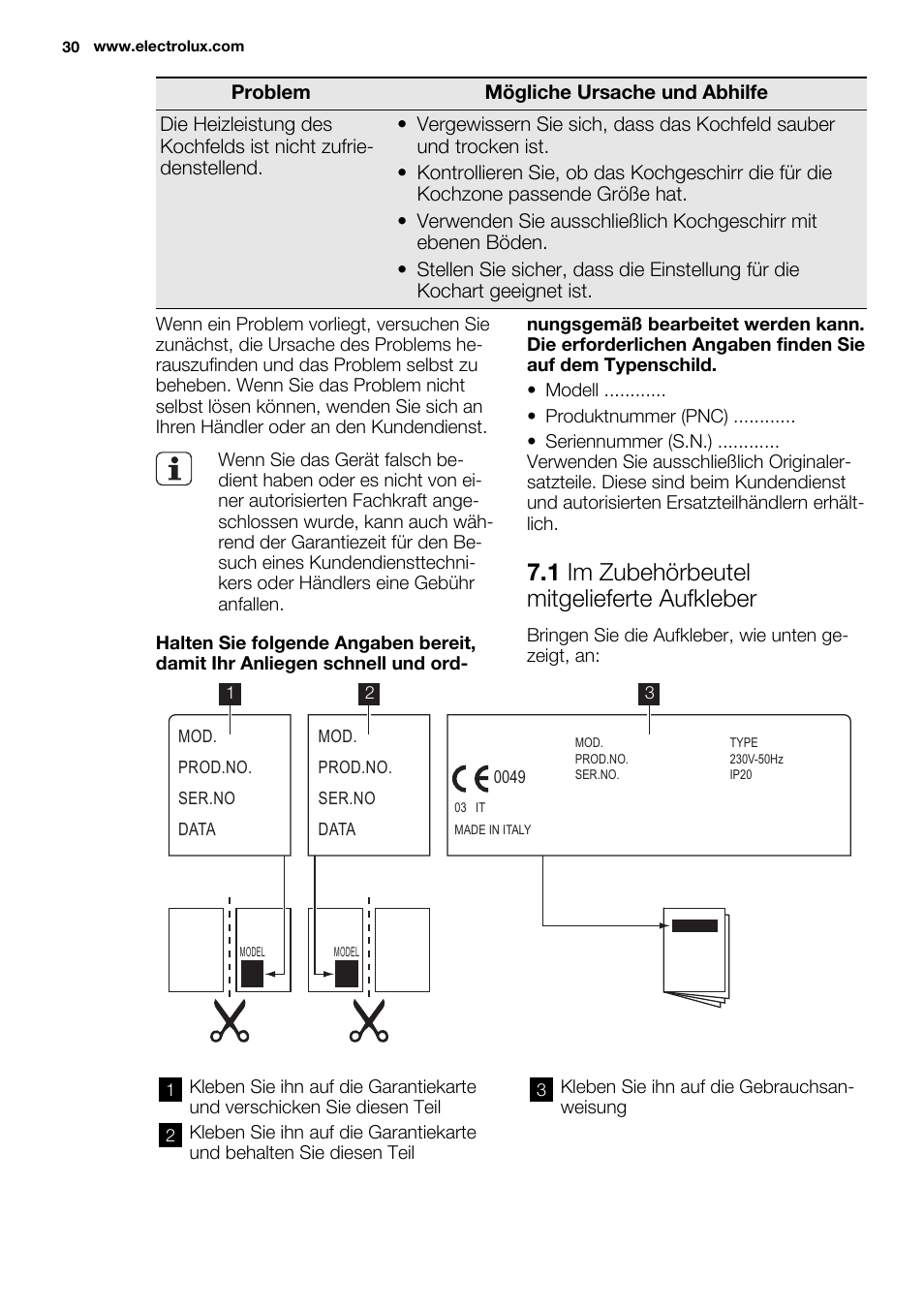 1 im zubehörbeutel mitgelieferte aufkleber | Electrolux EHS6940HOX User Manual | Page 30 / 48