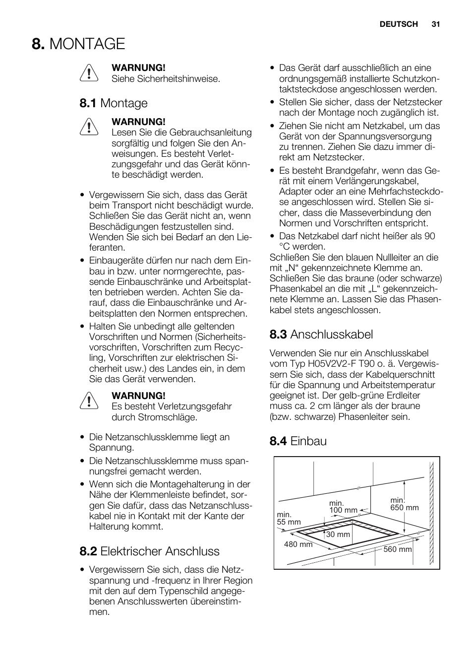 Montage, 1 montage, 2 elektrischer anschluss | 3 anschlusskabel, 4 einbau | Electrolux EHS6940HOX User Manual | Page 31 / 48