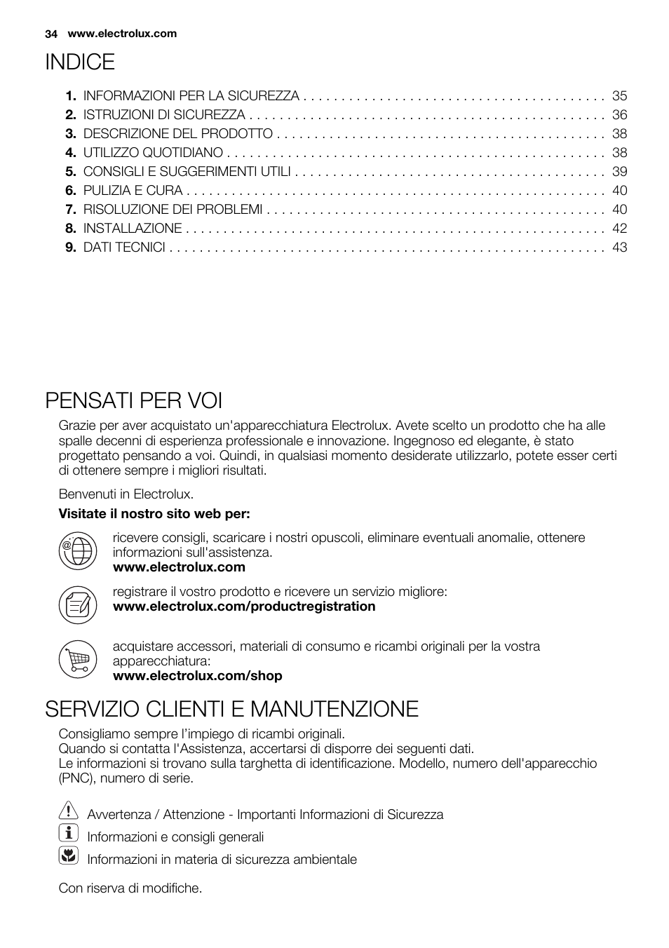 Indice, Pensati per voi, Servizio clienti e manutenzione | Electrolux EHS6940HOX User Manual | Page 34 / 48